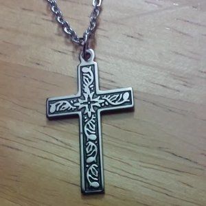 Silver Cross Necklace Designs On Front Hangs 12" Cross 1 1/2" x 3/4" Unisex